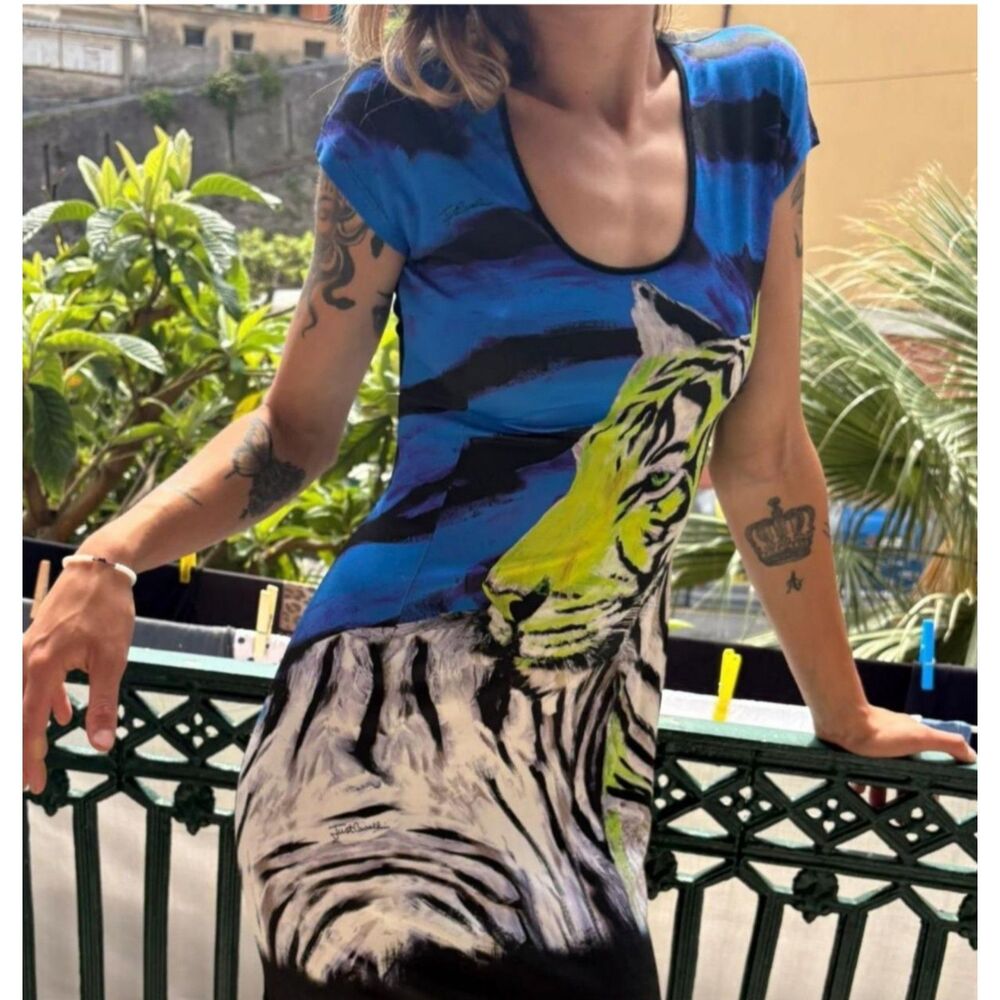 Just Cavalli Womens Size 8 Multi-Dress Tunic Tiger Face Vibrant Colors Beautiful